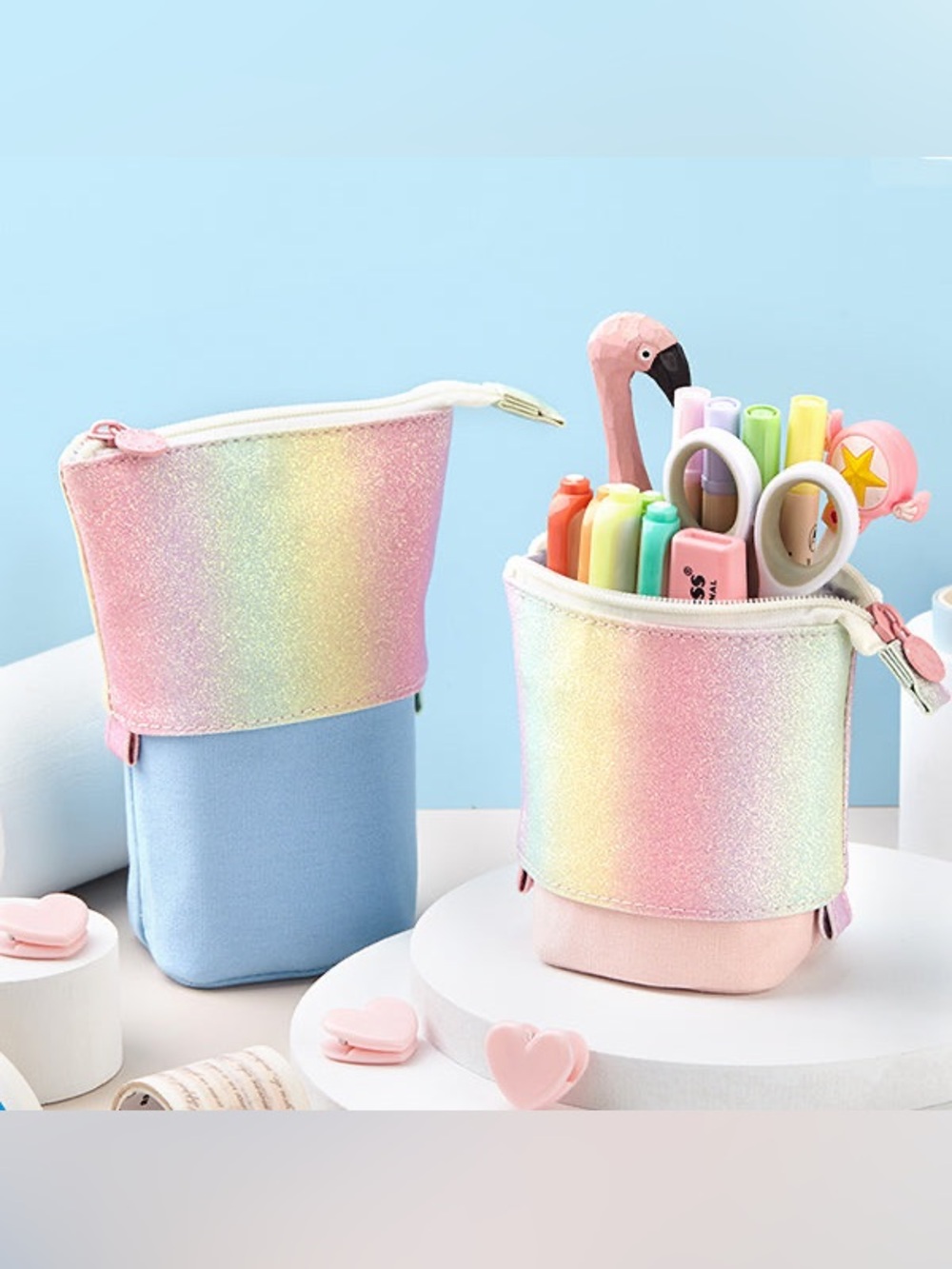 Kawaii Animal Stand-Up Foldable Pencil Case Rainbow Blue